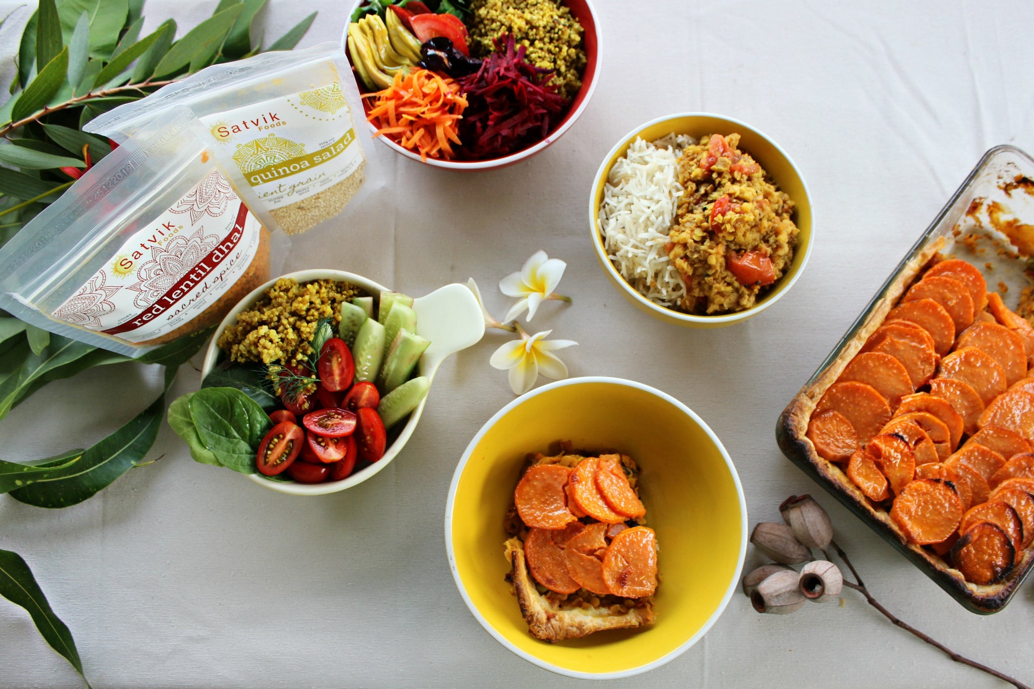 Satvik Foods Bundle Special is a collection of our healthy and delicious easy make-at-home meal packs. The bundle includes 6 different products: Red Lentil Dhal, Yellow Moong Dhal, Green Moong Dhal, Royal Rice, Chilli Red Lentil and Organic Quinoa. Each product is made with Australian grown grains, non-GMO ingredients and a blend of unique Ayurvedic spice blends.