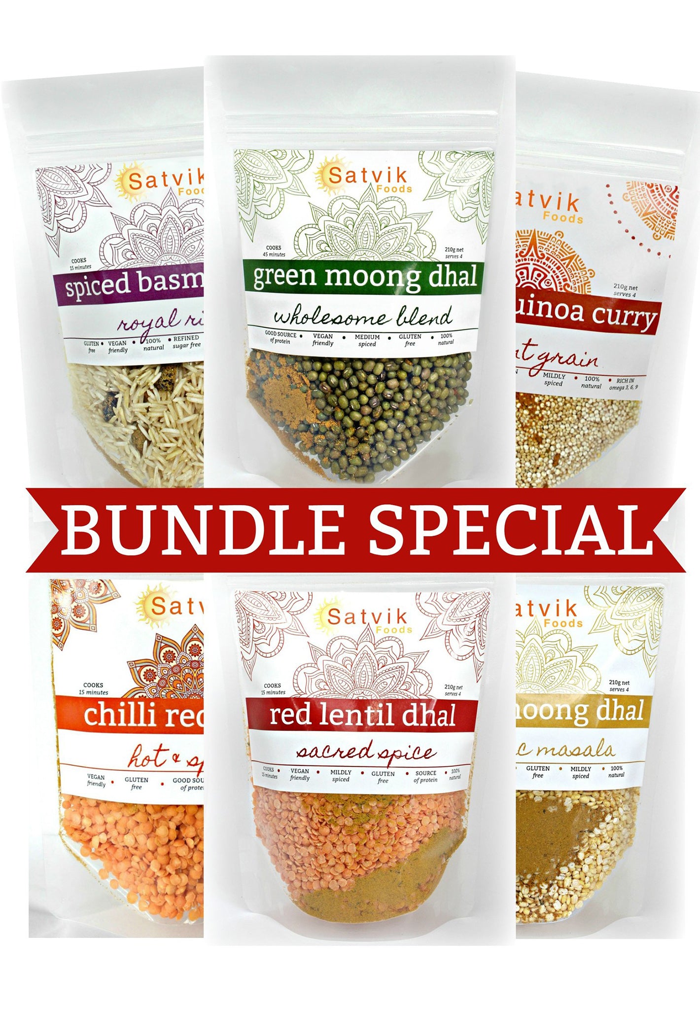 Bundle special features Satvik foods easy meal packs. Spiced basmati rice, green moong dhal, organic quinoa curry, chilli red lentil, red lentil dhal, yellow moong dhal. this is a great starter pack for anyone wanting to try our naturally gluten free vegan range. easy and delicious with Ayurvedic spice blends