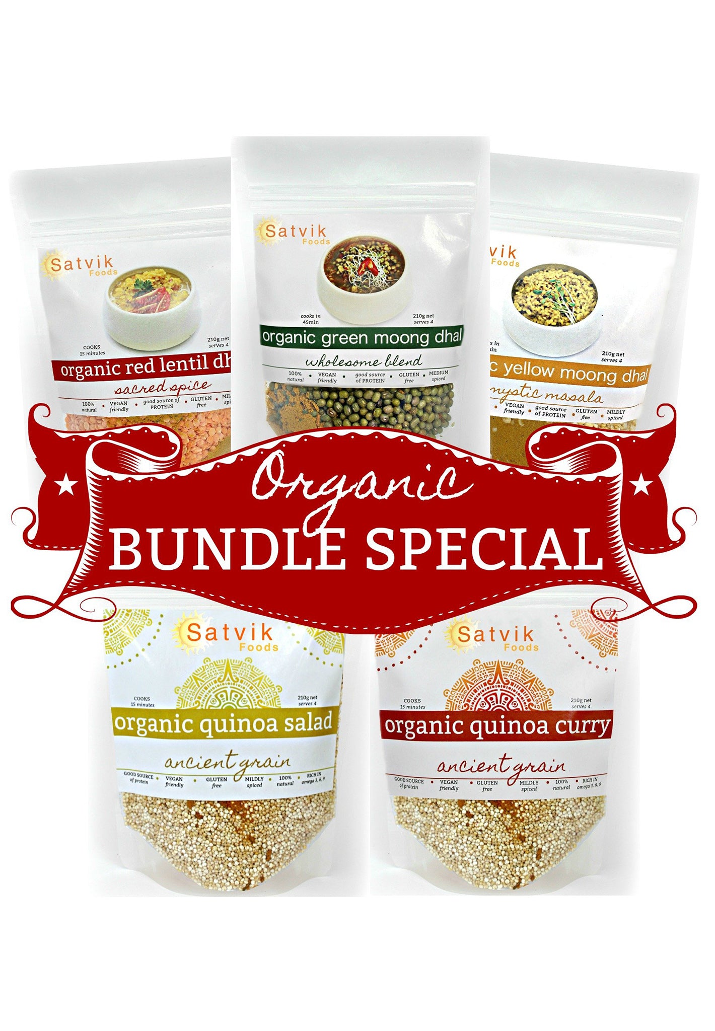 organic bundle special includes Satvik foods organic red lentil dhal, organic green moong dhal, organic yellow moong dhal, organic quinoa salad and organic quinoa curry