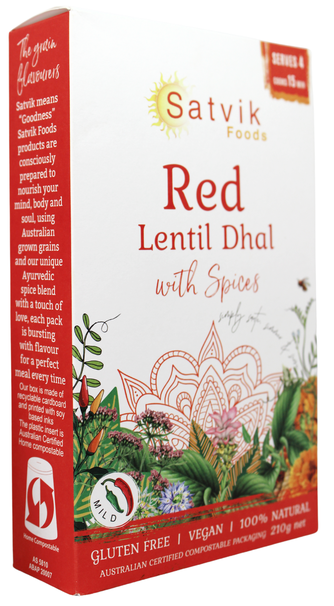 Red lentil dhal is a good source of plant based protein and fibre. Satvik Foods unique Ayurvedic spice blend enhances flavours and provides powerful health benefits, such as anti inflammatory turmeric, cumin and organic sea salt