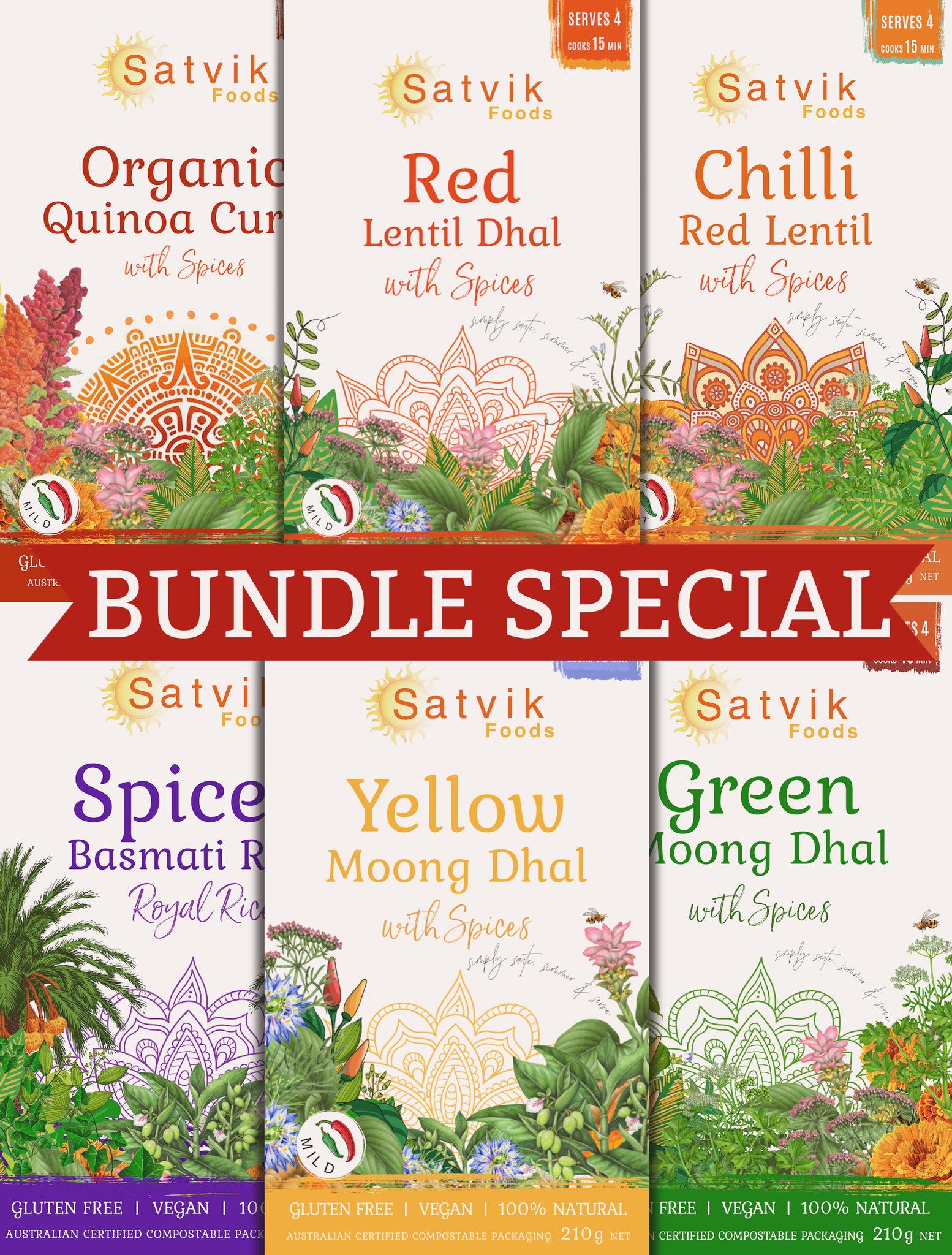 The Satvik foods bundle special features Red lentil dhal, yellow moong dhal, green moong dhal, spiced basmati and organic quinoa at a discount price
