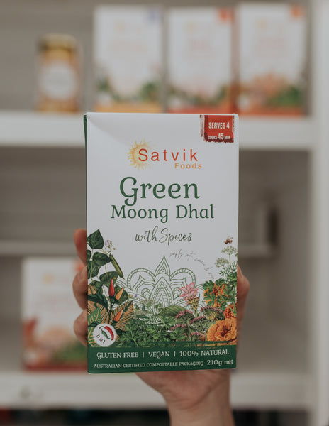 Try our Satvik Foods easy make at home meal packs, this green moong dhal is packed full of plant protein and Ayurvedic spice blend, so all you have to do is simply sauté simmer and serve