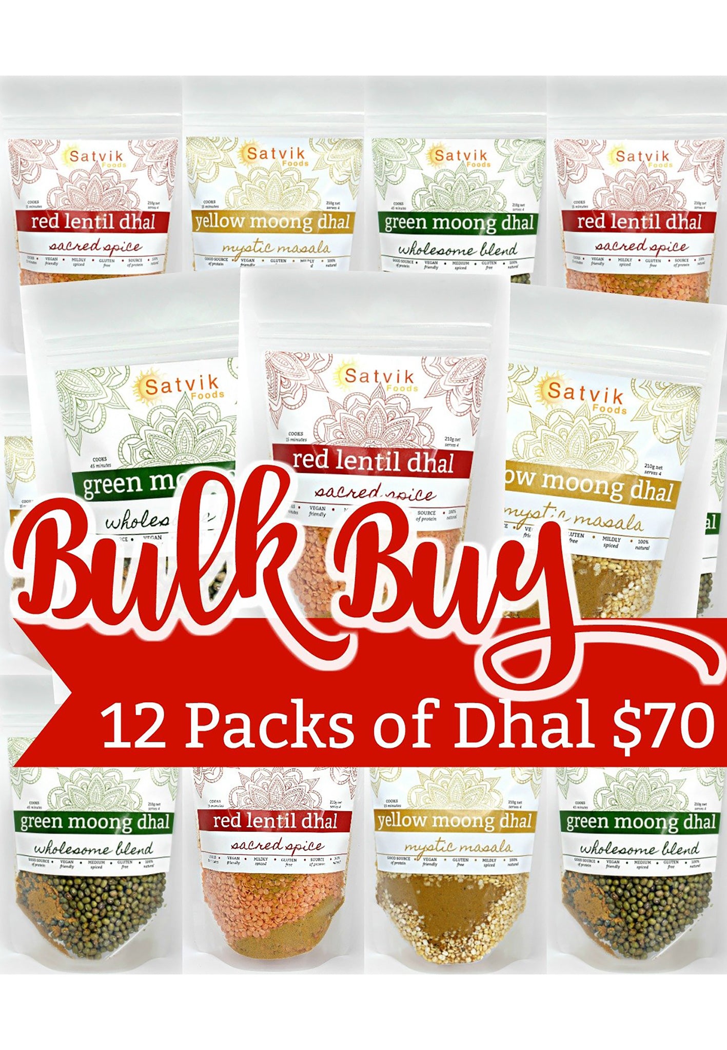 Satvik foods bulk buy range featuring red lentil dhal, green moong dhal and yellow moong dhal. Easy meal packs that are ready in minutes. Bulk buy to save money