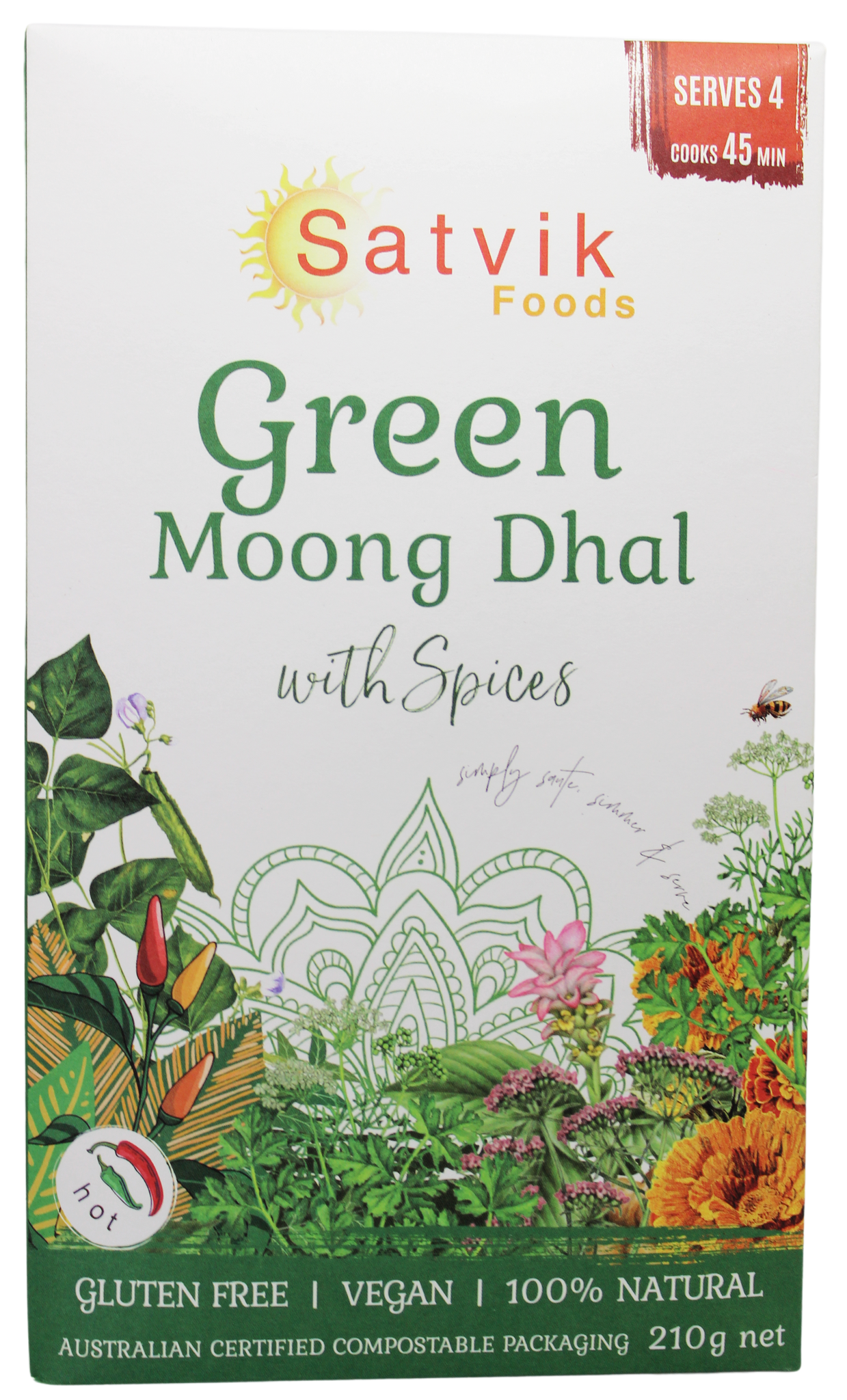green moong dhal is beautiful presented in this hand drawn home compostable box. each pack features the flowering herbs and spices of that recipe. This easy meal is a one pot wonder and contains green mung beans, Ayurvedic spice blend and some organic sea salt. the product packaging is completely home compostable