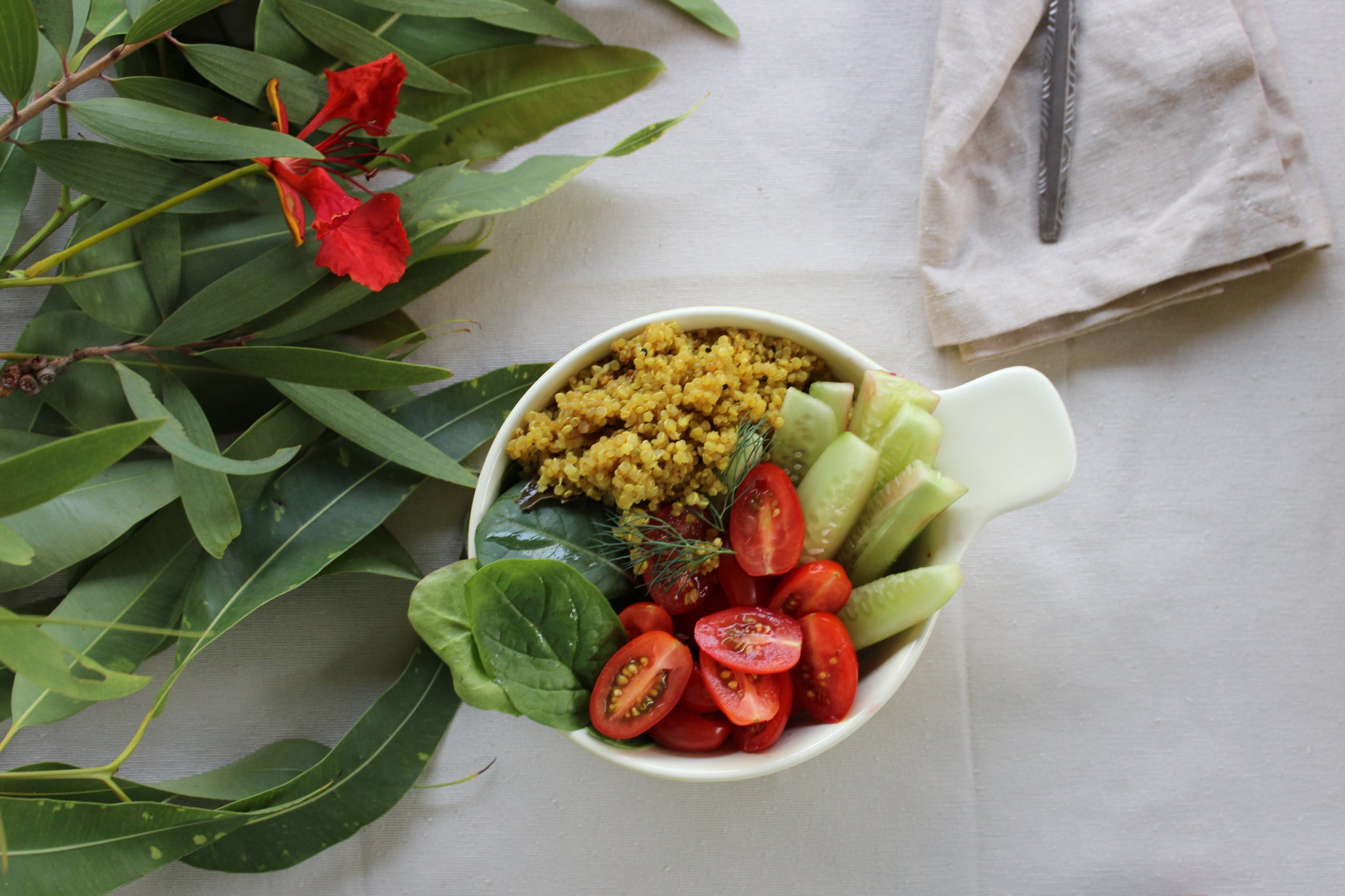 The best dhal recipes you will ever try. Organic quinoa salad with fresh crisp salad ingredients, cucumber, tomato, baby spinach