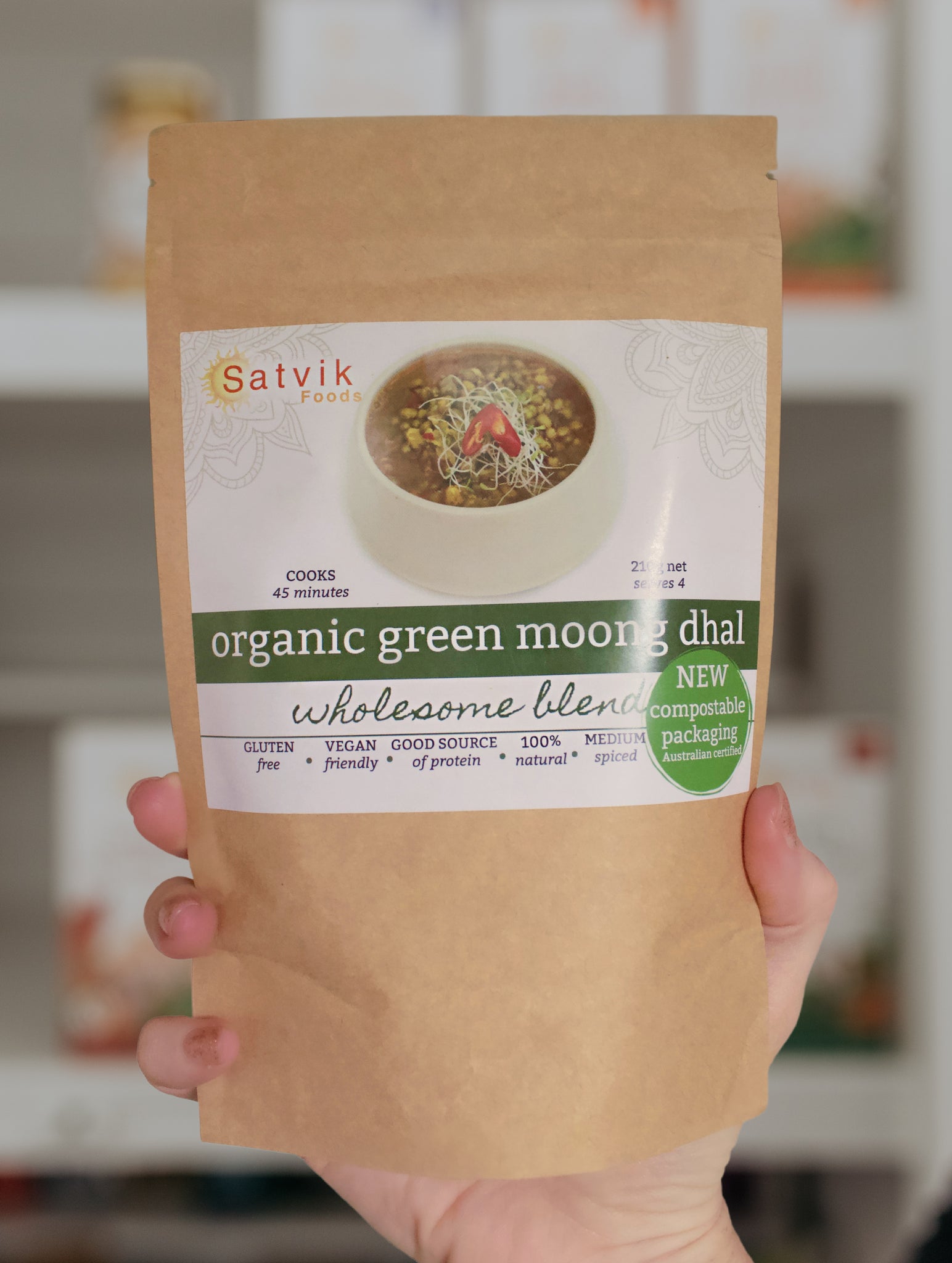 Satvik Foods Organic Green Moong Bean Dhal with our Supreme Blend (Has a Touch of Chilli) is a flavorful and nutritious meal option that is available for purchase online. The product is made with organic green moong beans and a blend of aromatic spices, including a touch of chili.