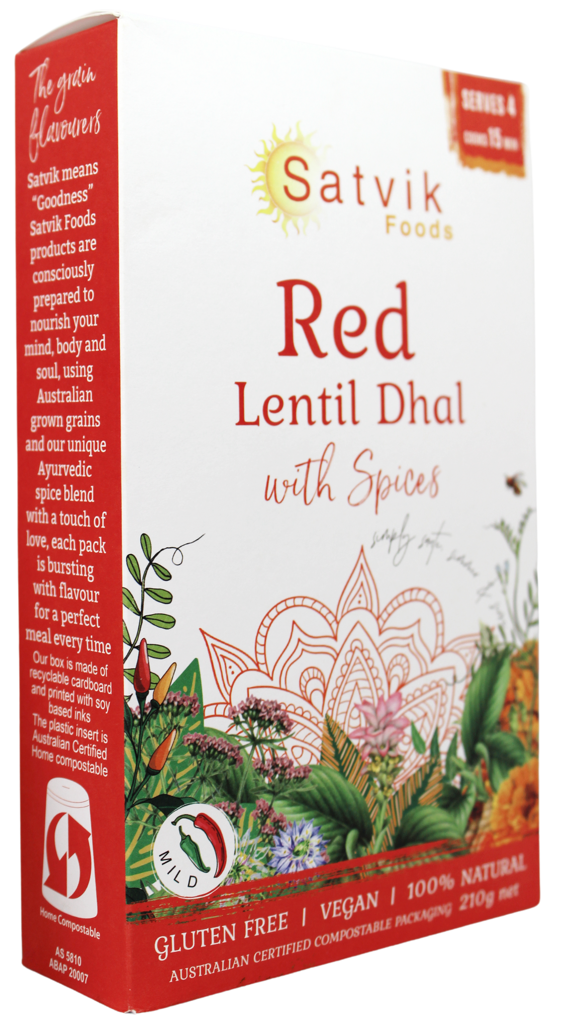 Red lentil dhal is a good source of plant based protein and fibre. Satvik Foods unique Ayurvedic spice blend enhances flavours and provides powerful health benefits, such as anti inflammatory turmeric, cumin and organic sea salt 