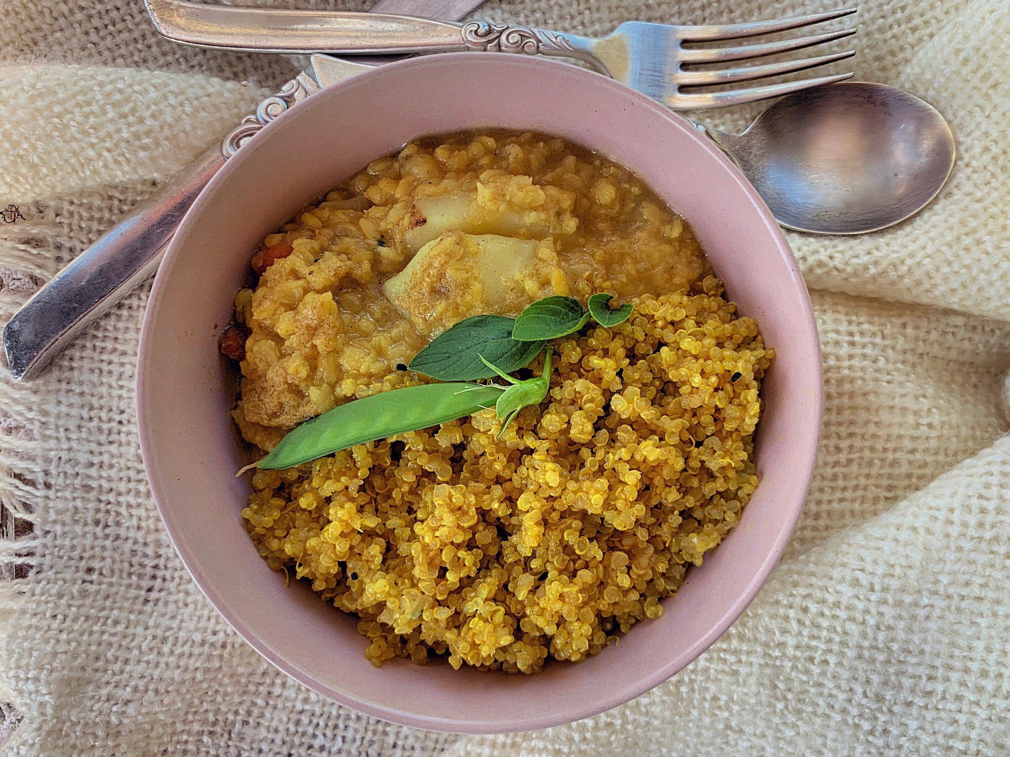 The meal suggestion features yellow moong dhal and organic quinoa curry. the perfect nutrient rich meal, full of protein, calcium, plant based omegas 